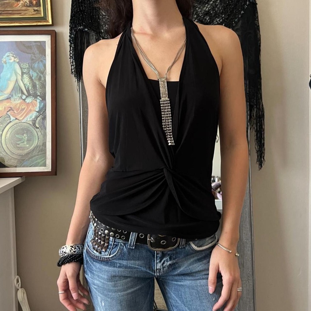 Papaya Womens Black Halter Tank Top Cowl Neck Attached Necklace Y2K Large 5535